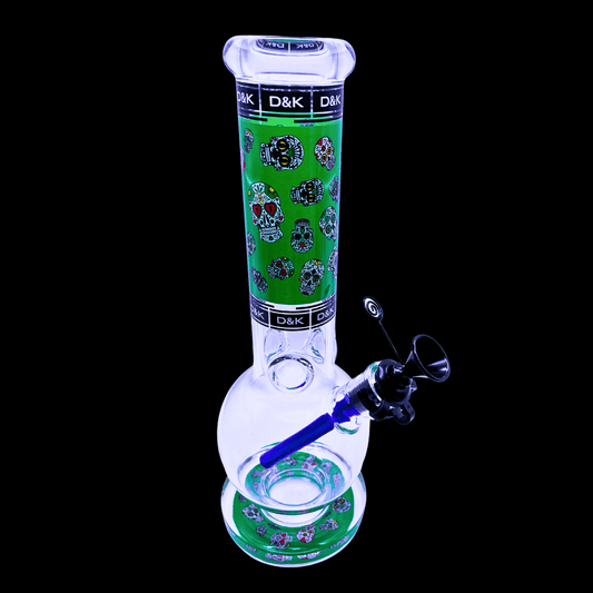 Day of the Dead Sugar Skull 30cm glass ice bong with green skull artwork