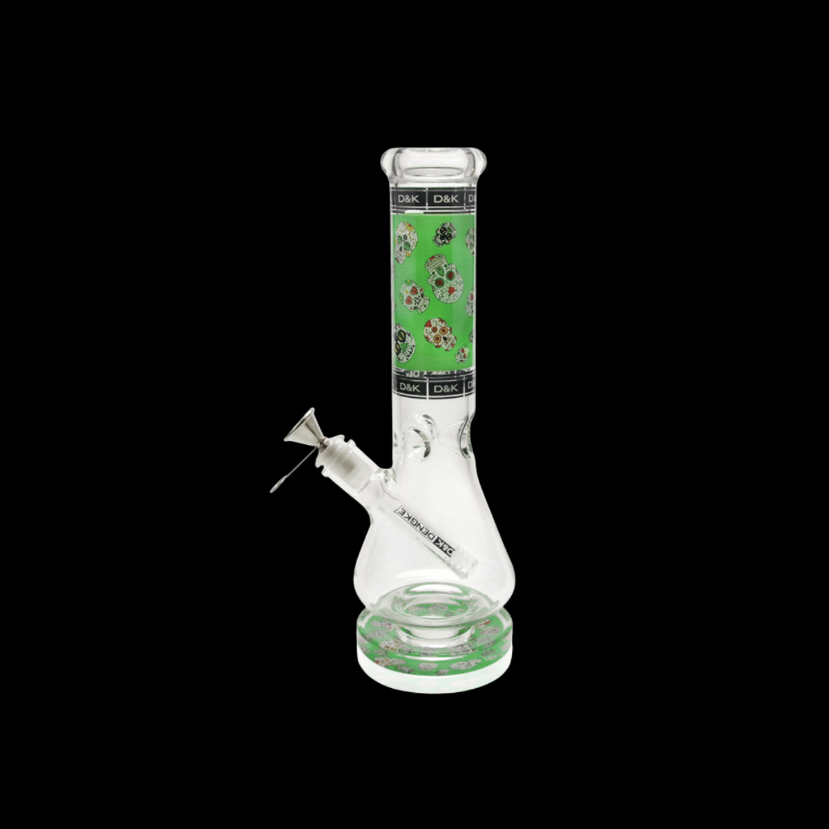 Day of the Dead sugar skull glass ice bong with green artwork and rounded base – 30cm