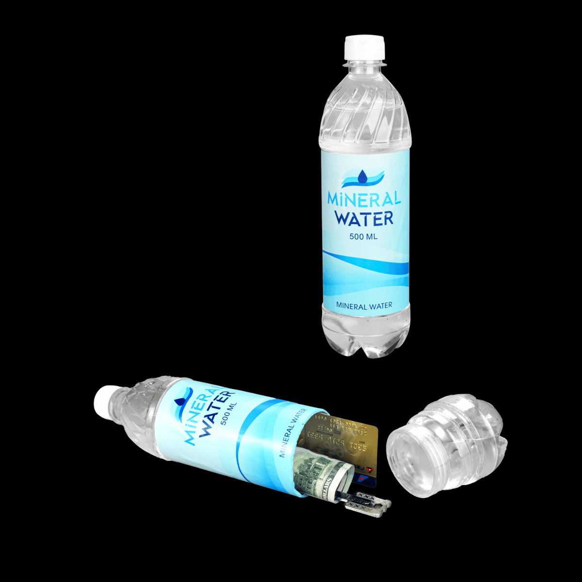 500 ml drinking water bottle diversion safe with dual caps and hidden storage, approx. 23 cm