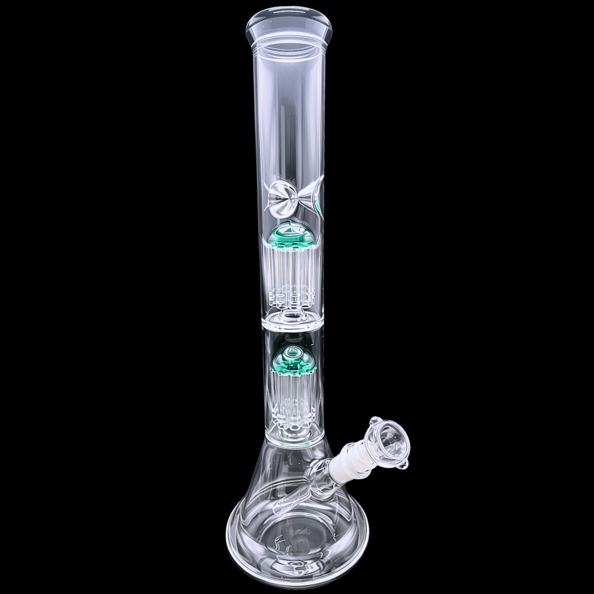 40cm Dual Stack Perc glass bong with two green-accented percolators and a clear flared base