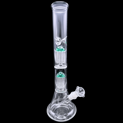 40cm Dual Stack Perc glass bong with two green-accented percolators and a clear flared base