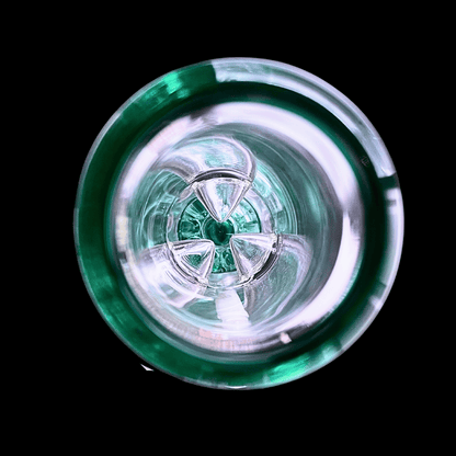 1. Top-down view through the mouthpiece showing the green-accented percolator inside the glass bong
