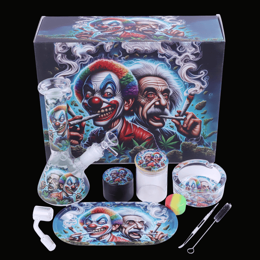 Einstein & Evil Clown Glass Bong Gift Set — 10 Piece Smoking Bundle
