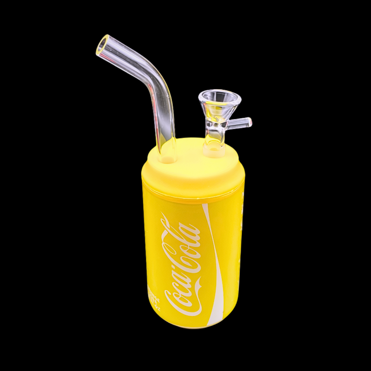Lemon Coke-style yellow drinks can mini glass bong assembled
