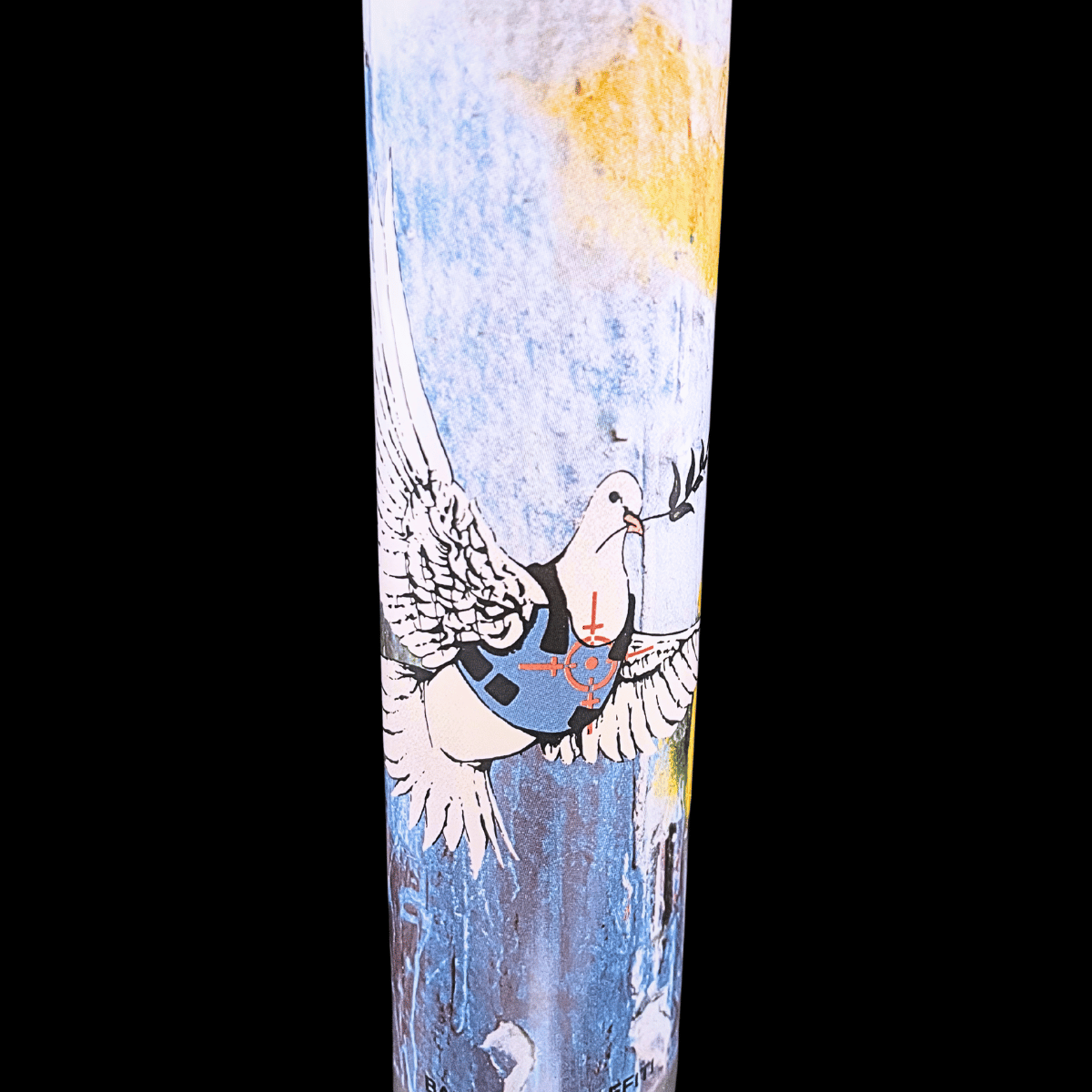 Close-up of Banksy-inspired Armoured Dove artwork on G-Rollz percolator bong