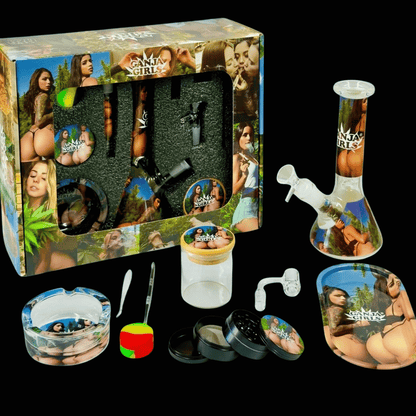 Open Ganja Girls 9-piece bong gift box displaying the included glassware and accessories