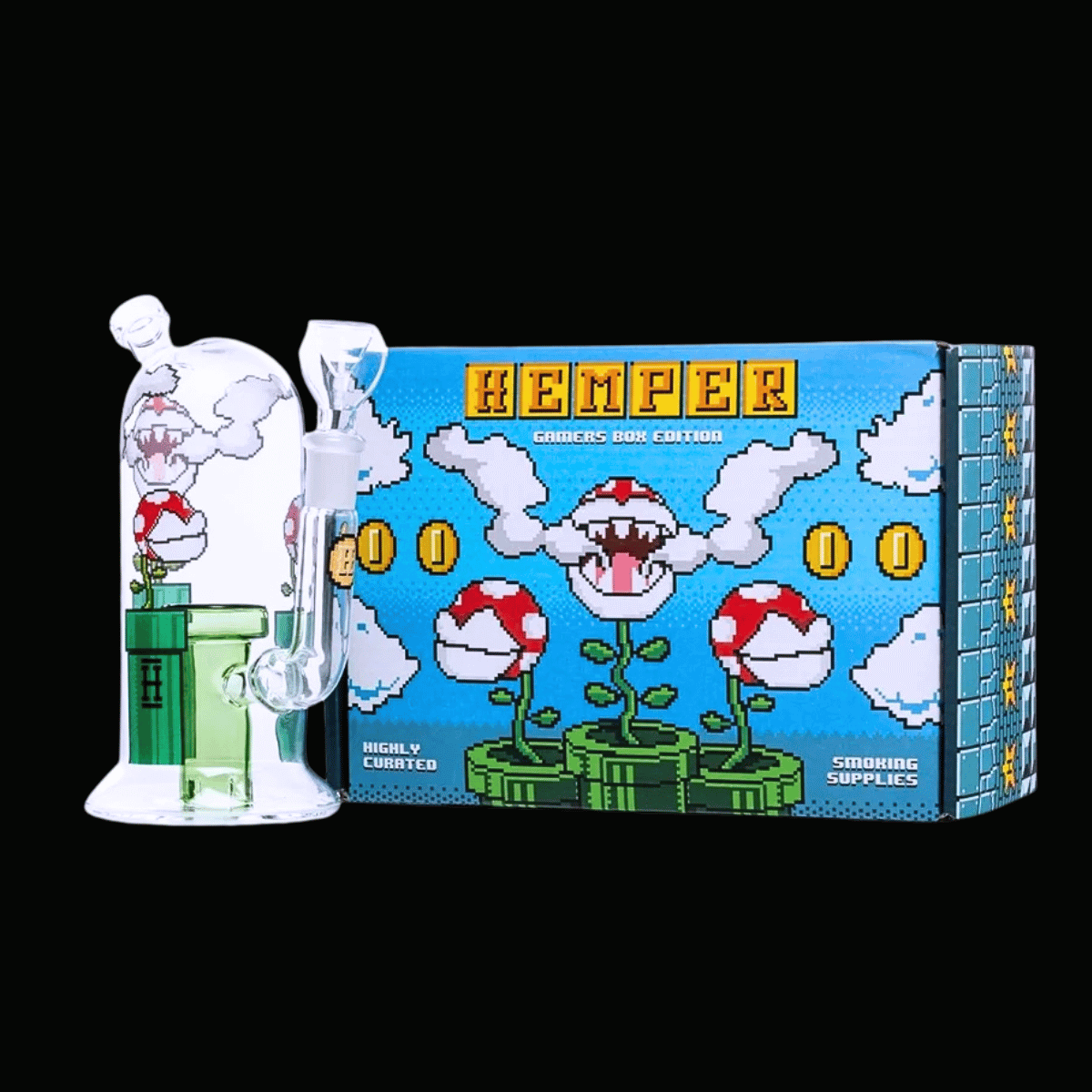 Hemper Gaming Flower glass bong with retro pixel presentation box
