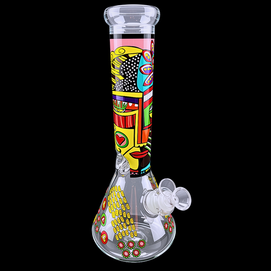 Urban Totem pop-art glass beaker bong with colourful geometric artwork