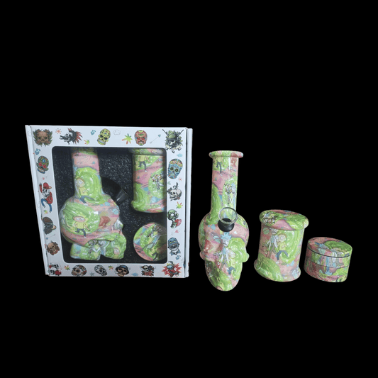 Glass bong gift set with waterpipe, storage jar, and 45 mm 4-part grinder, mixed colours