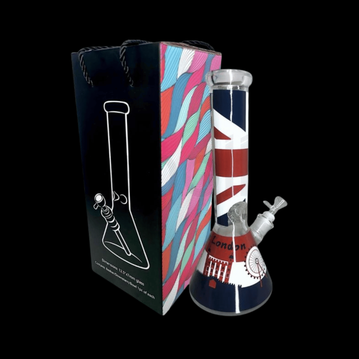 Boxed London-themed 32cm glass beaker bong with 7mm thick glass