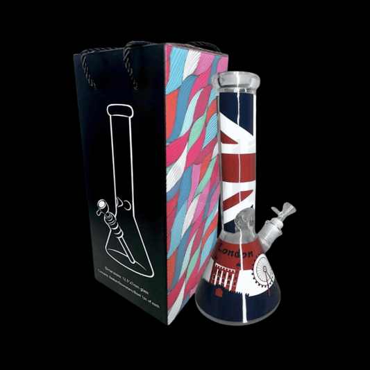 Boxed London-themed 32cm glass beaker bong with 7mm thick glass