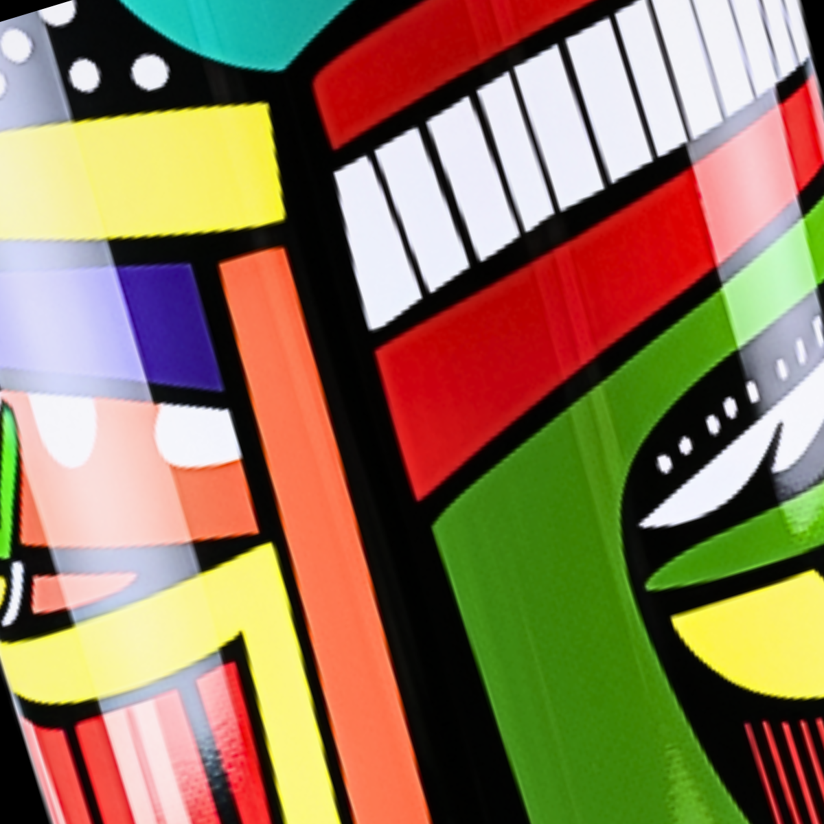 Close-up of the abstract geometric face artwork around the bong neck