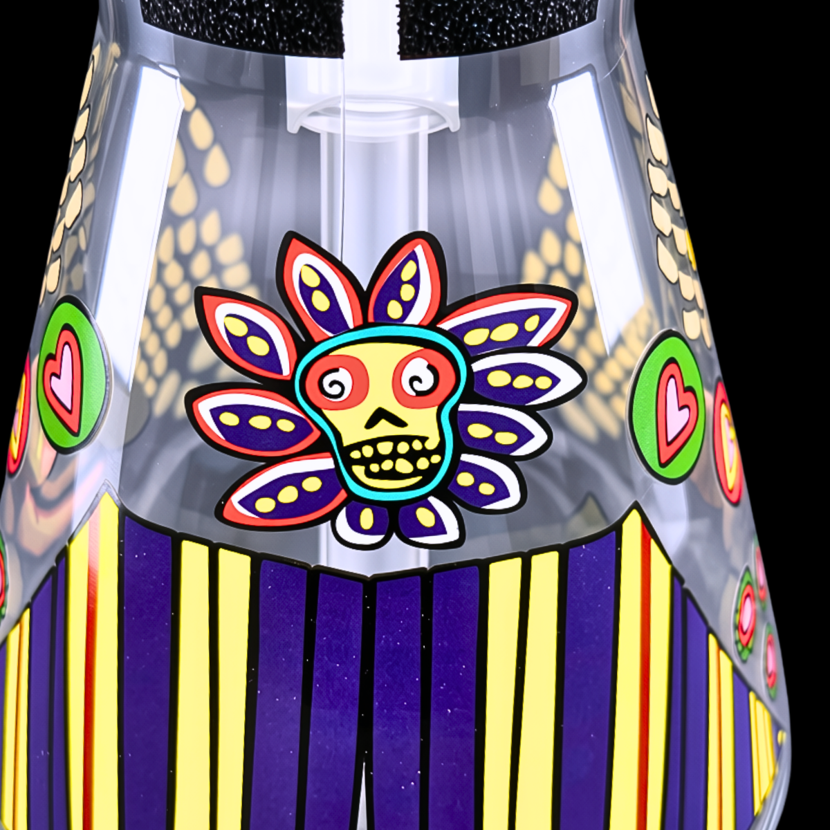  Reverse close-up of colourful mask artwork and striped pattern on the bong base