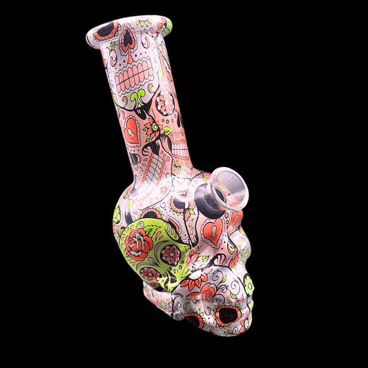 Colourful patterned glass skull bong – 14cm