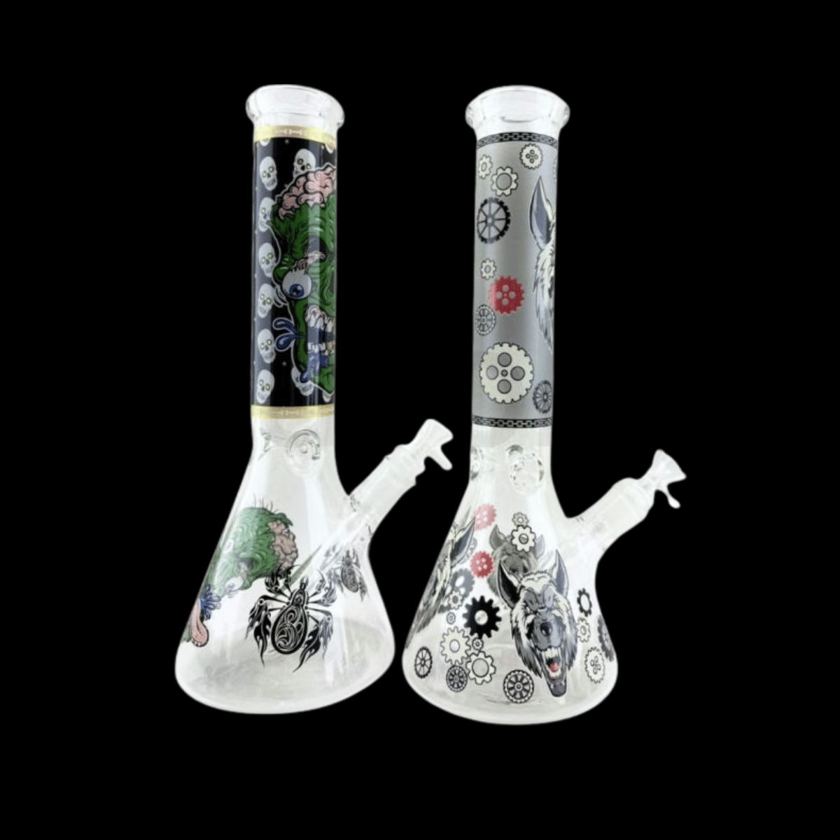 After Dark glow-in-the-dark glass beaker bong in assorted designs – 34cm