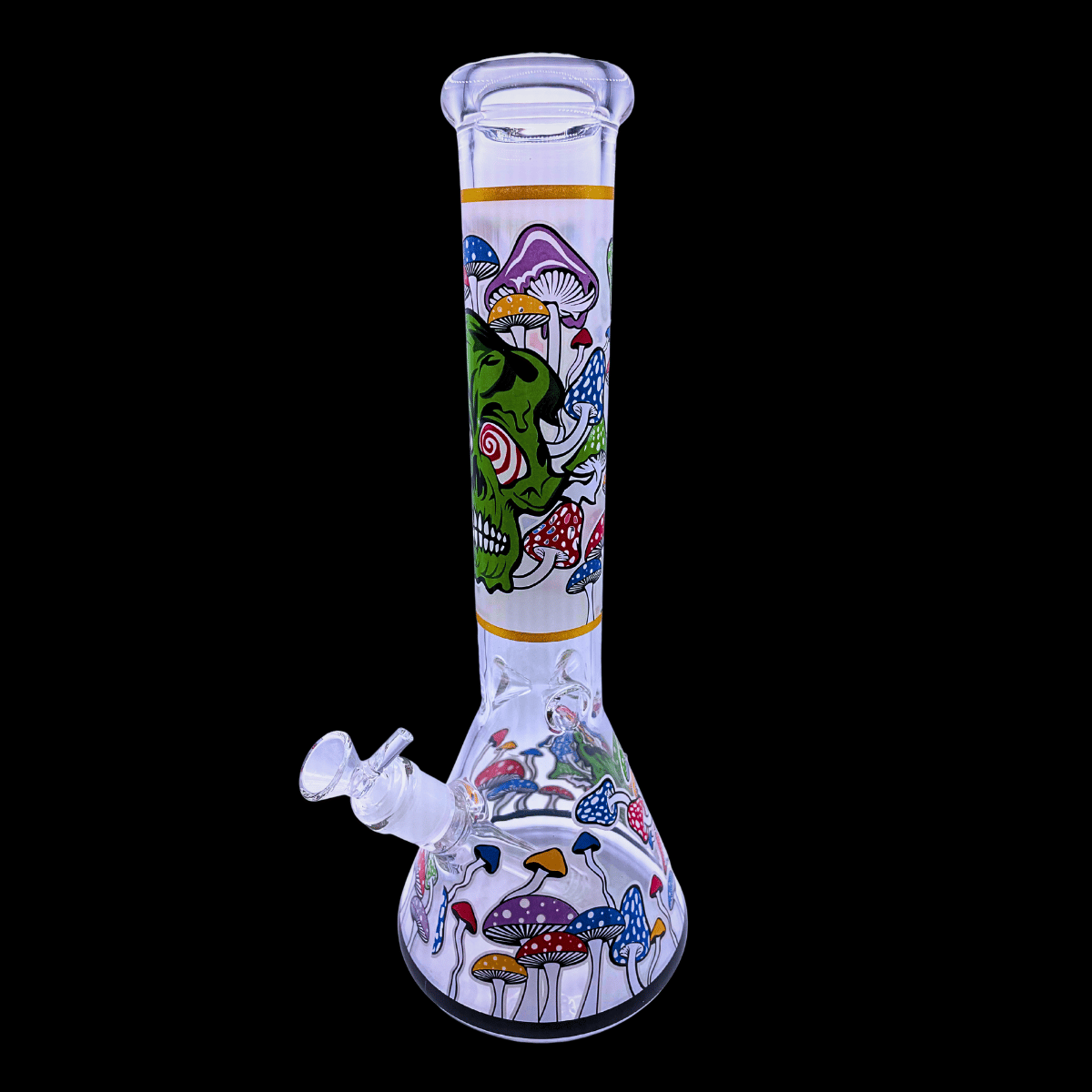 Shroom Skull glass beaker bong with colourful mushroom and skull artwork – 34cm