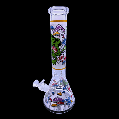 Shroom Skull glass beaker bong with colourful mushroom and skull artwork – 34cm