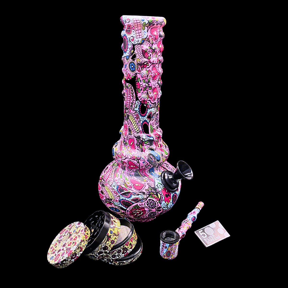 Graffiti Burst 25cm glass bong gift set with grinder, storage jar and screens