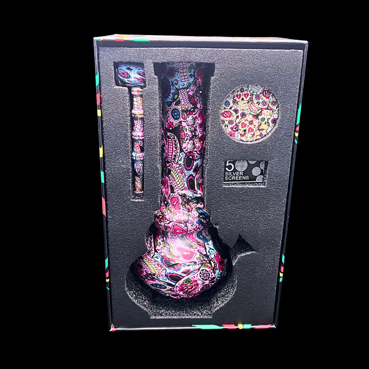 Graffiti Burst glass bong and accessories inside decorated presentation box