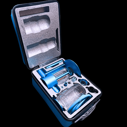 Open blue carry case displaying the 360-degree gravity bong and included accessories