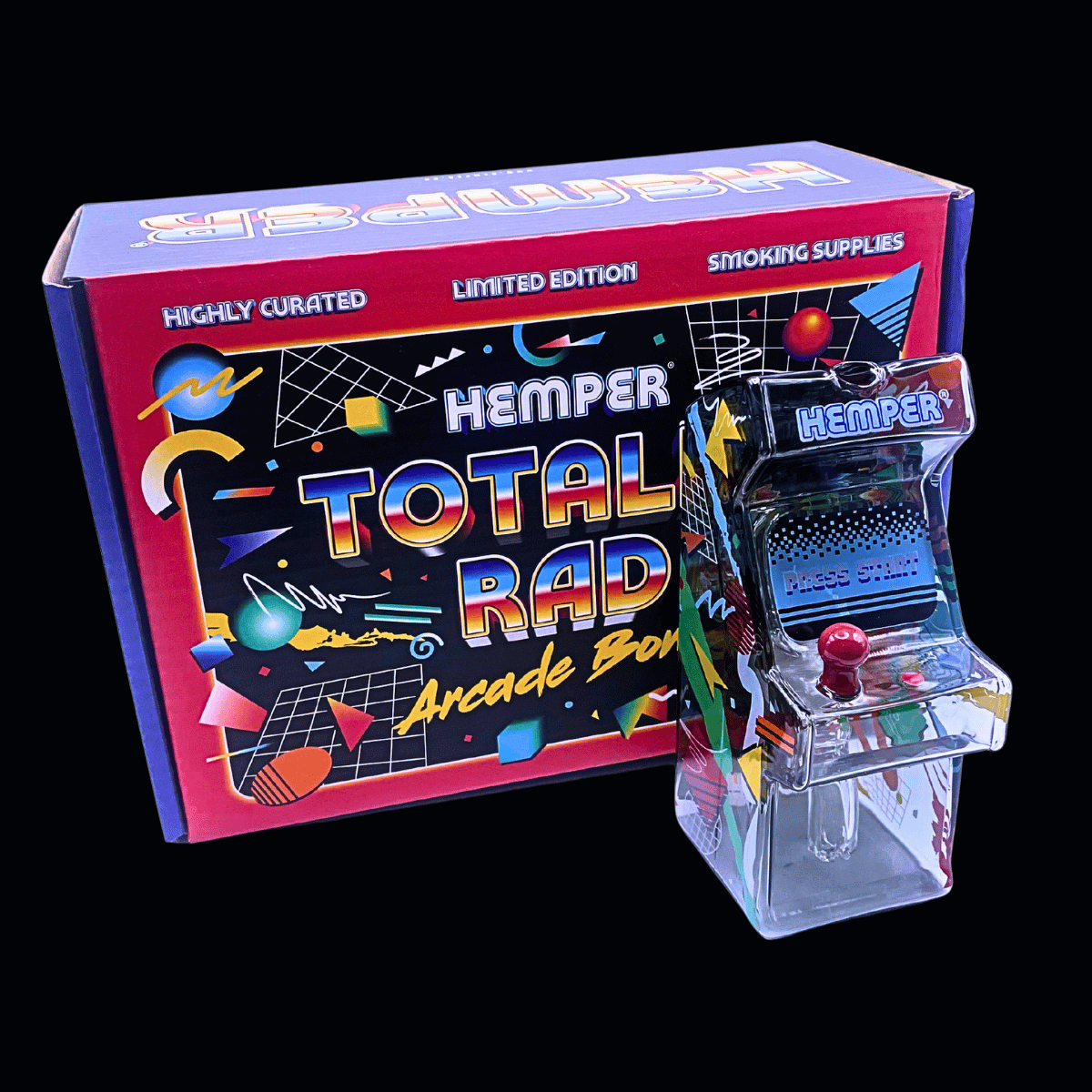 Hemper Totally Rad Arcade glass bong displayed with branded retail box – 5.4in