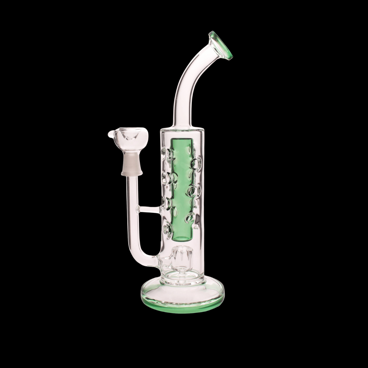 Honeycomb Core glass bong with green inner tube and curved mouthpiece – 27.5cm