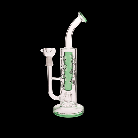 Honeycomb Core glass bong with green inner tube and curved mouthpiece – 27.5cm