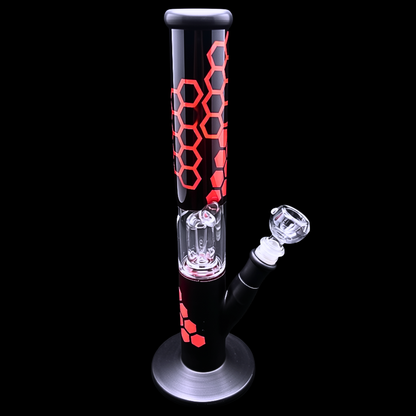 Black and red honeycomb acrylic bong with visible glass matrix percolator and round base