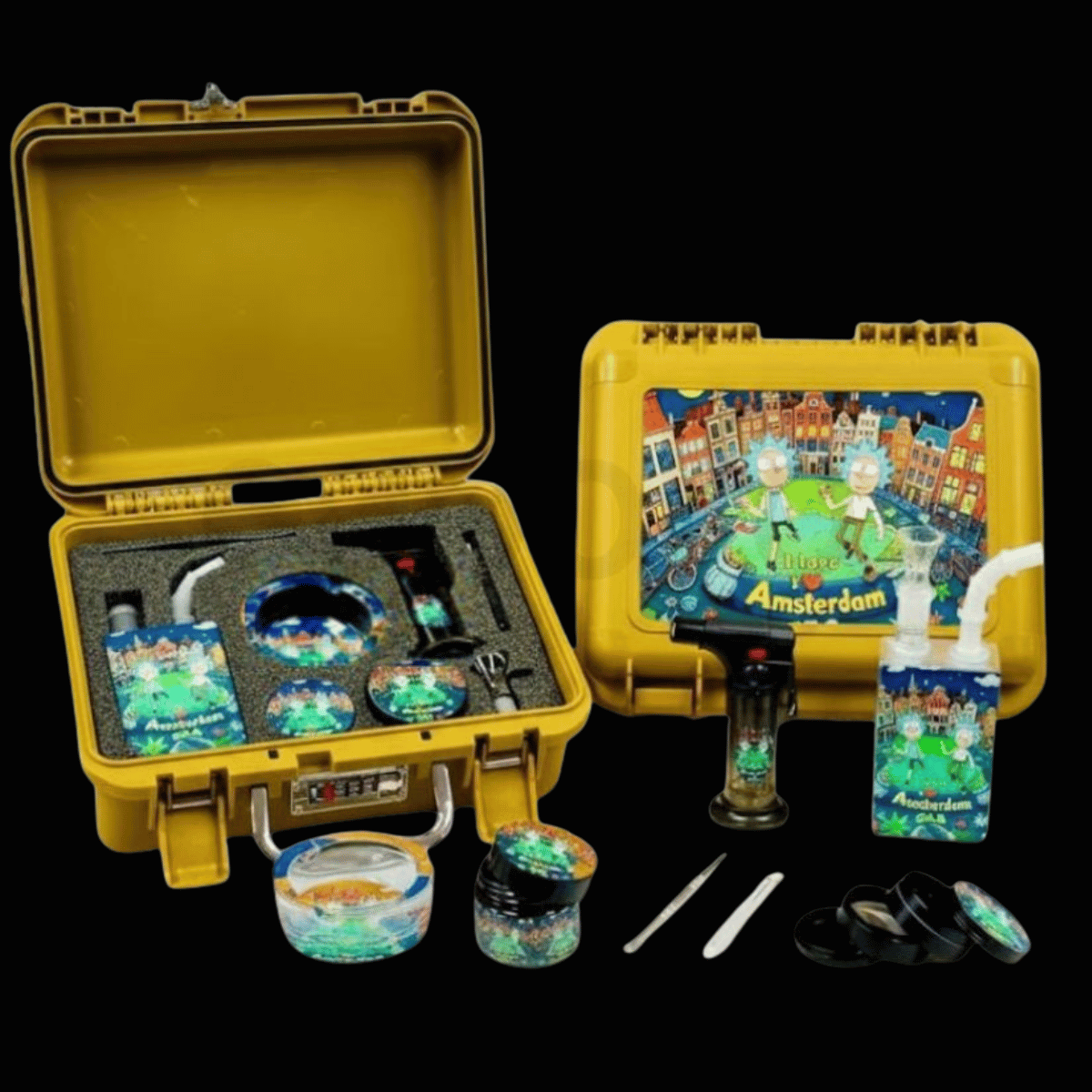Rick and Morty Amsterdam glass bong gift set with yellow locking case and eight accessories