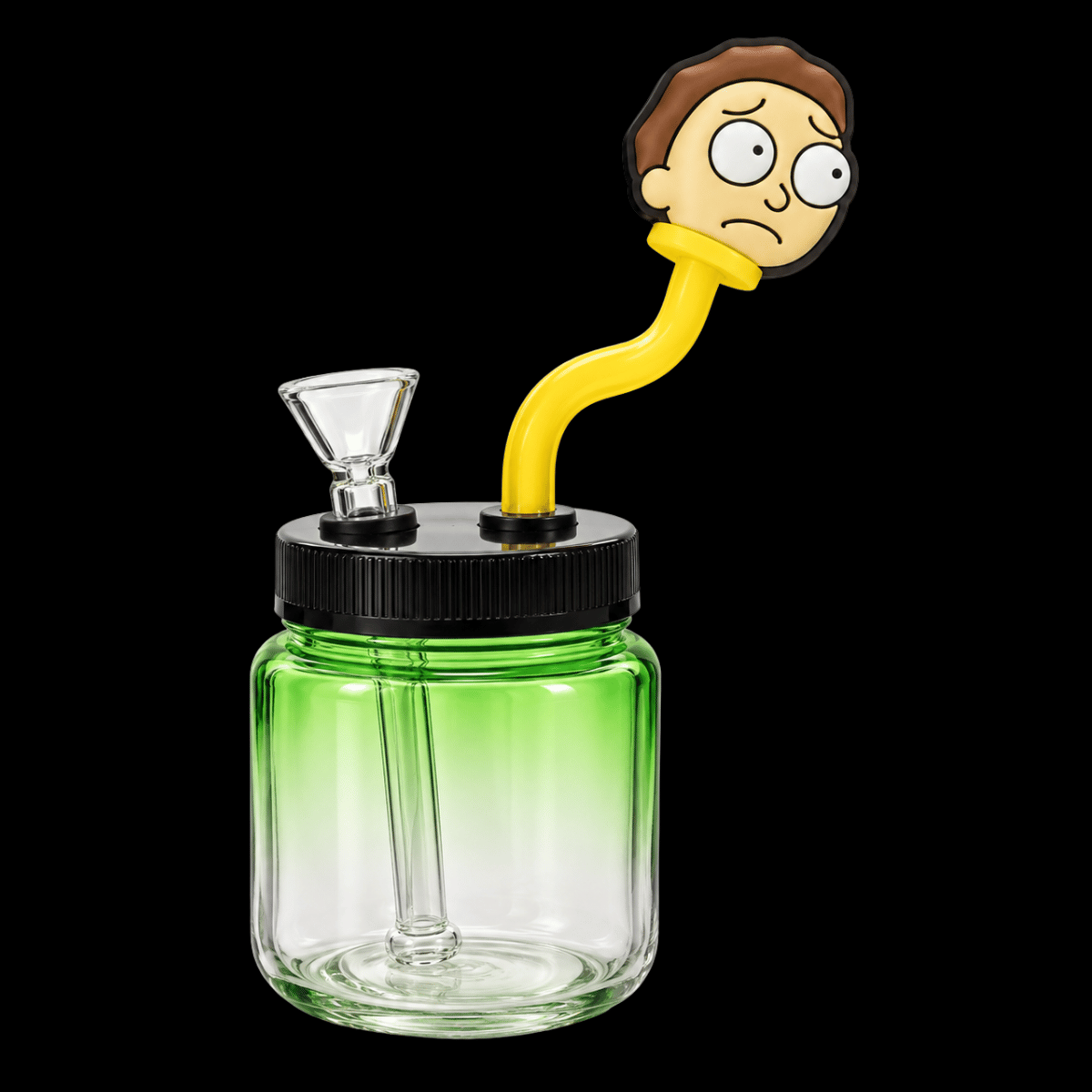 Morty-inspired portable green glass jar bong with yellow flexible mouthpiece