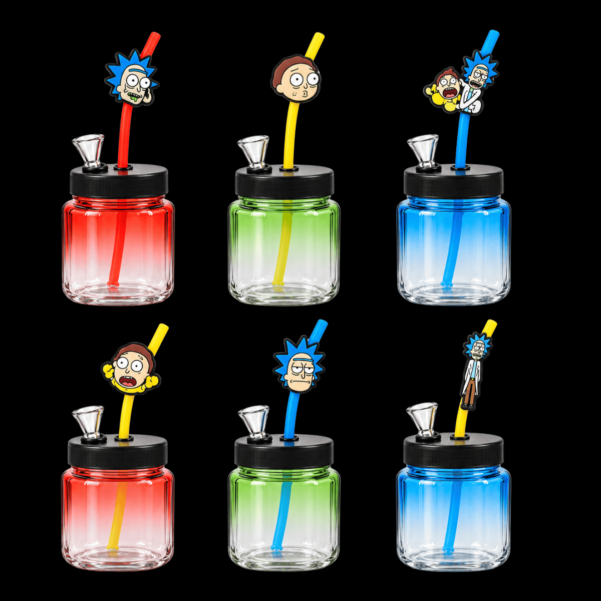 Six Rick and Morty-inspired portable jar glass bongs in assorted red, green and blue designs