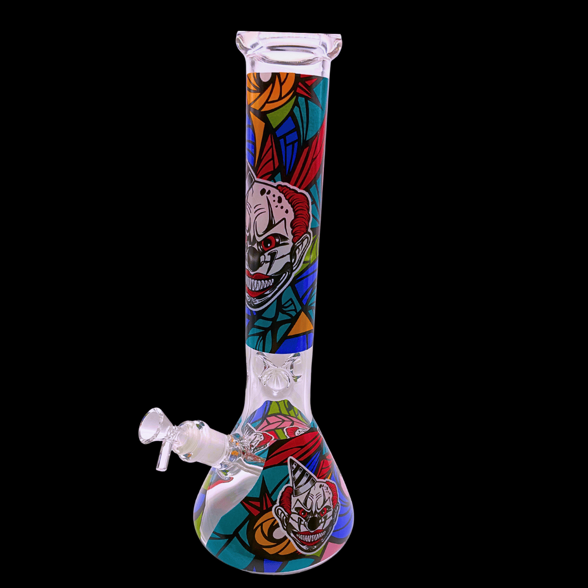 Full front view of the Killer Clown 35cm glass bong with graphic wraparound design