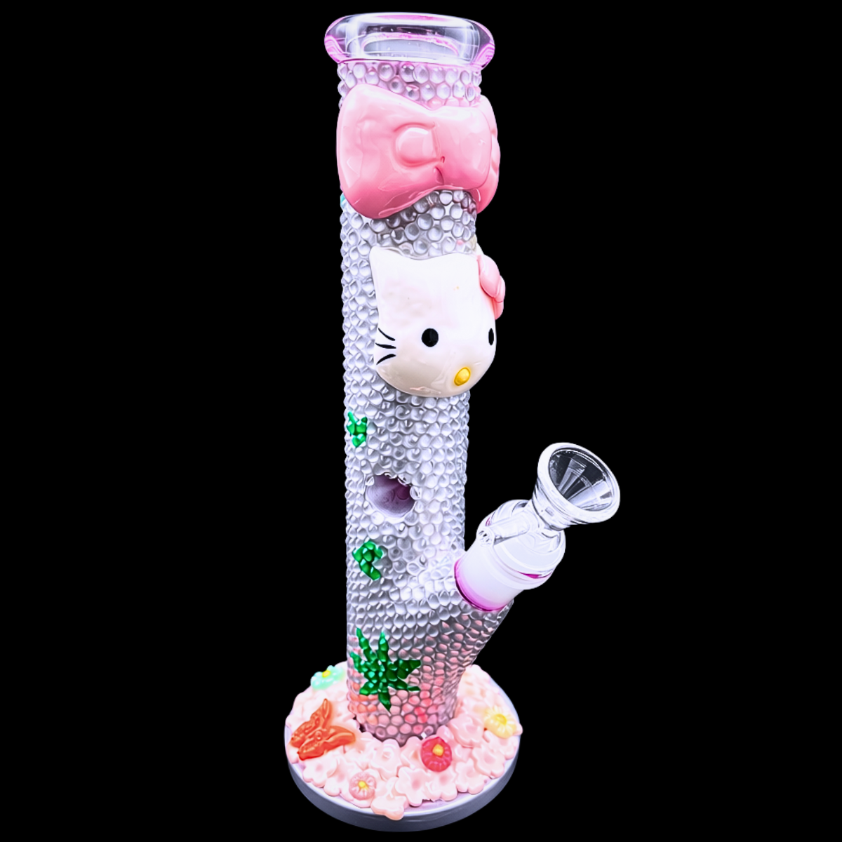  Pink Bow Kitty 25cm rhinestone glass bong in pearl white – front view