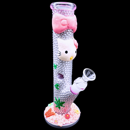  Pink Bow Kitty 25cm rhinestone glass bong in pearl white – front view