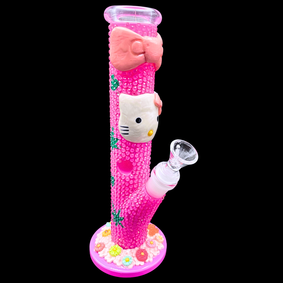 Pink Bow Kitty 25cm rhinestone glass bong in pink – front view
