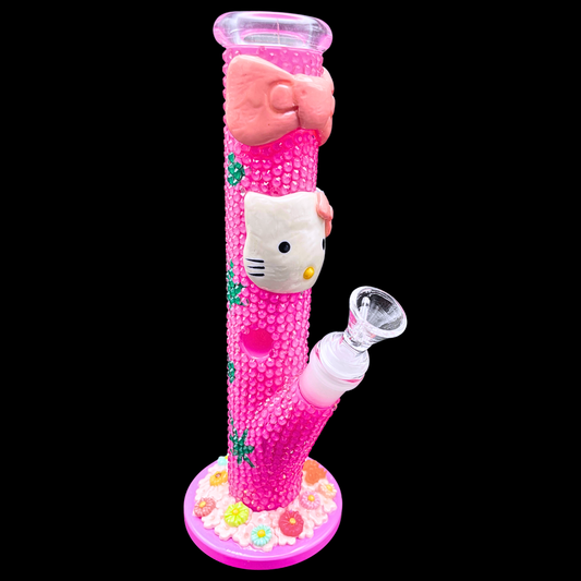 Pink Bow Kitty 25cm rhinestone glass bong in pink – front view