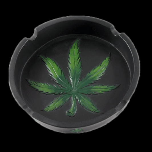 Compact resin ashtray with green cannabis leaf design – portable smoking accessory