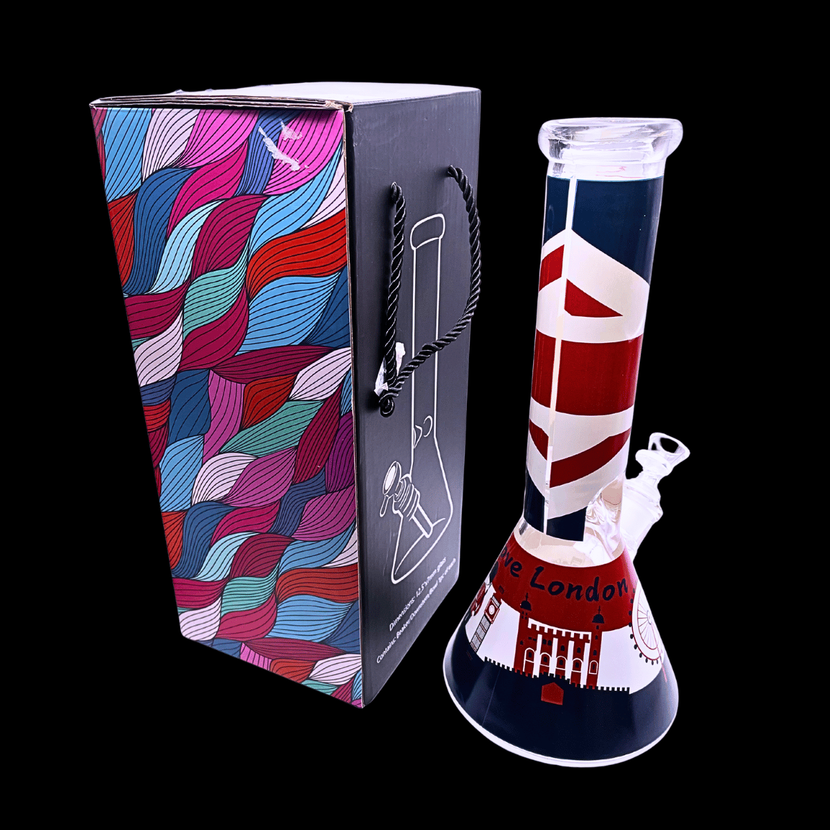 I Love London 7mm glass beaker bong with colourful British artwork and presentation box
