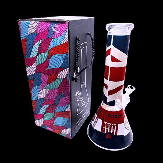 I Love London 7mm glass beaker bong with colourful British artwork and presentation box