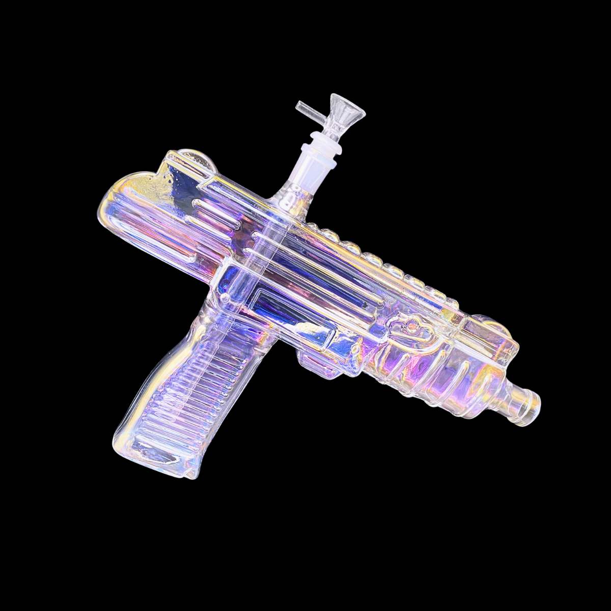 Ghost Ops 32cm iridescent glass SMG-shaped bong on a black background