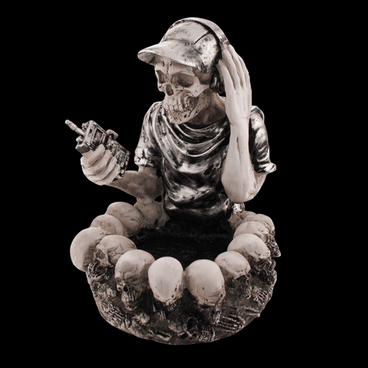 Massive DJ skull resin ashtray with headphones and mini skull base – large smoking accessory