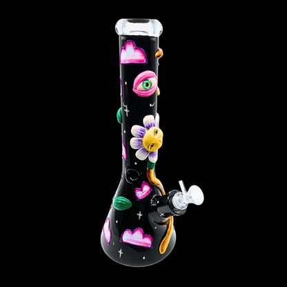 Midnight Bloom 34cm 3D floral glass beaker bong with colourful flower, eye and lip details