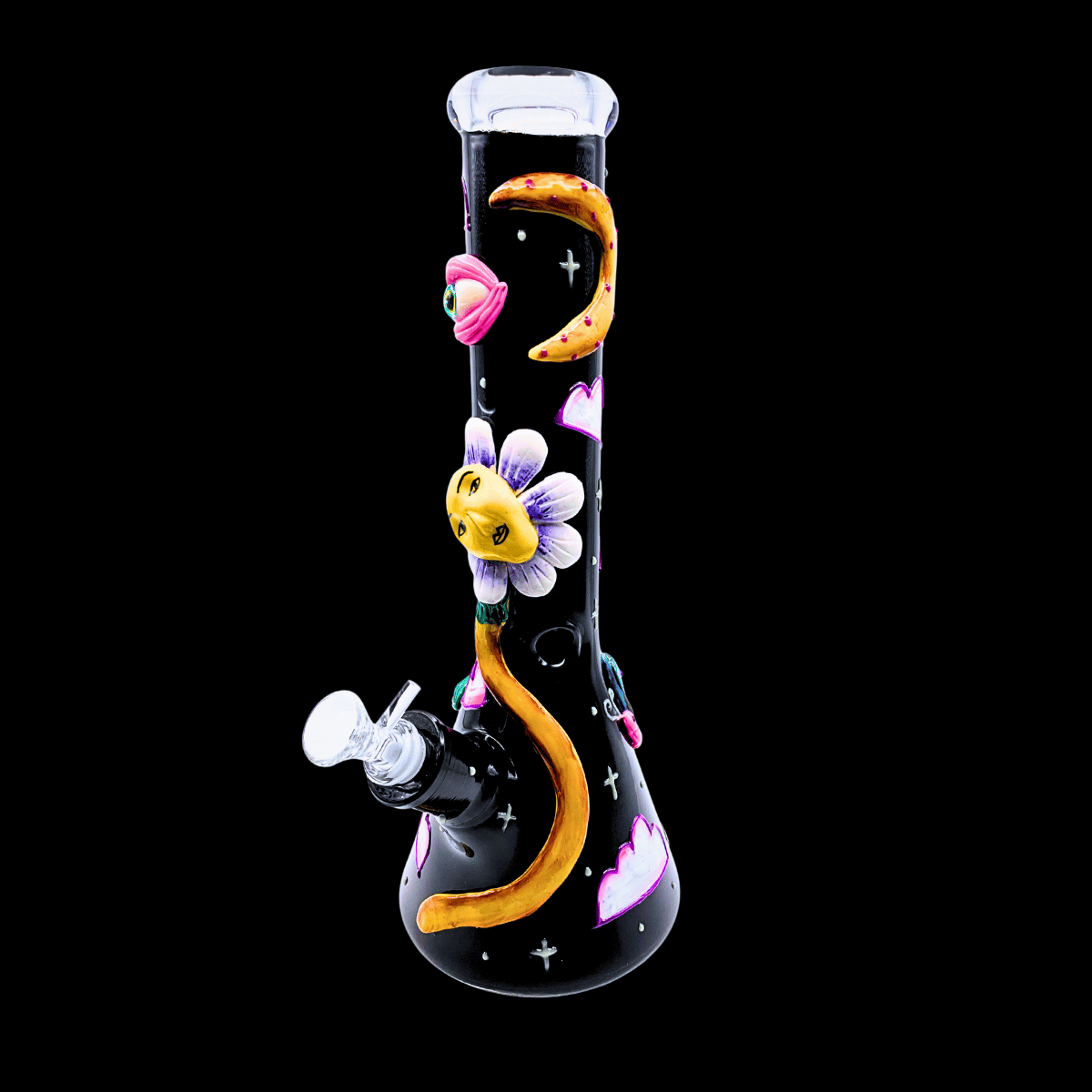 Side view of the Midnight Bloom 34cm glass beaker bong showing raised 3D flower, moon and vine details
