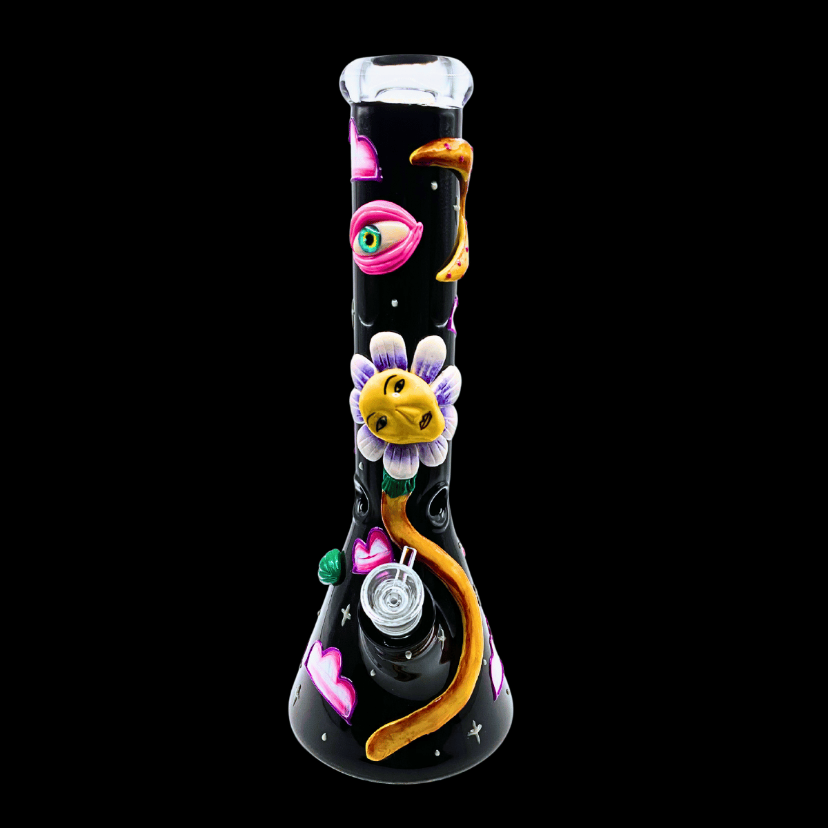 Front view of the Midnight Bloom 34cm glass bong with raised floral artwork