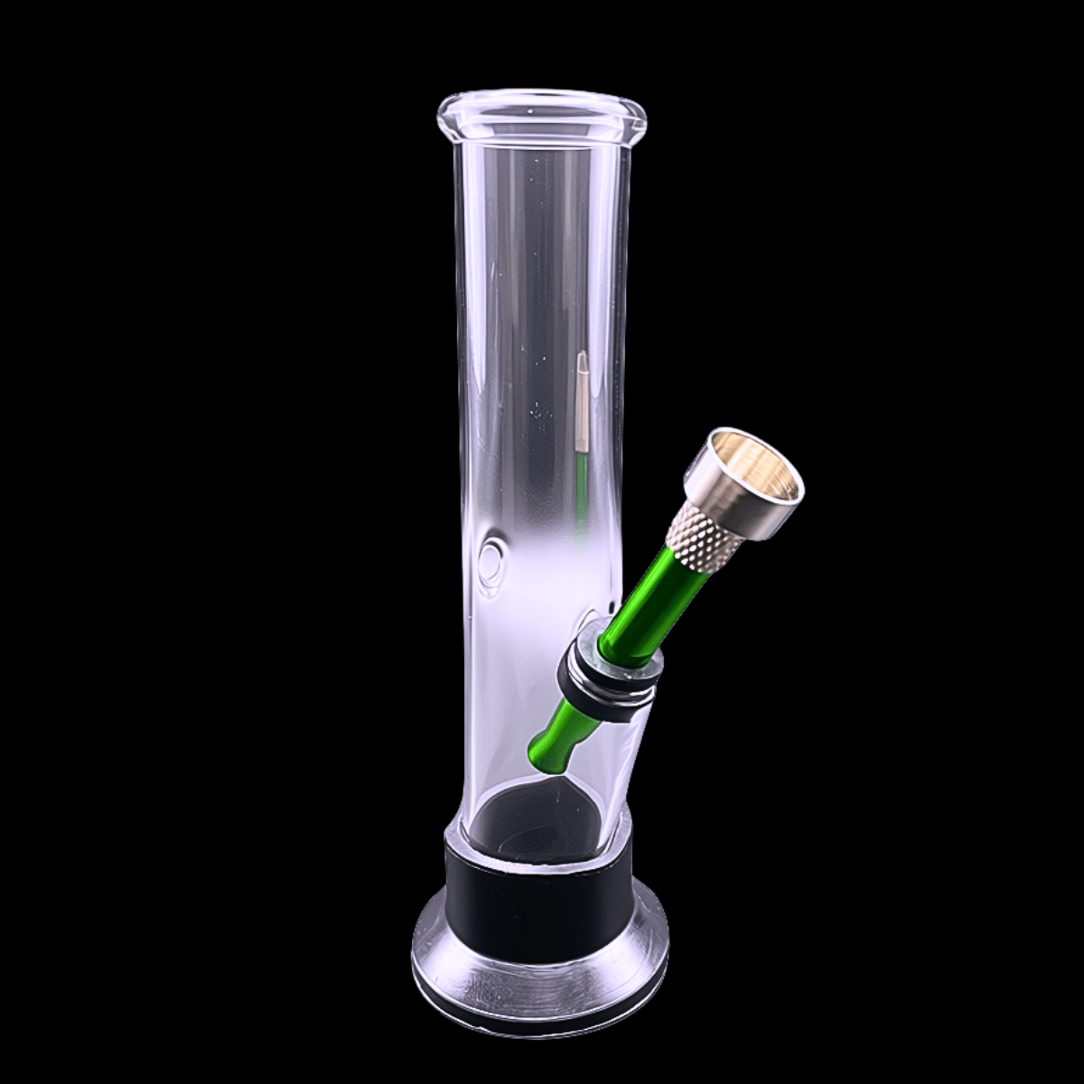 Mini straight glass bong with removable green downstem and black rubber base – 16cm