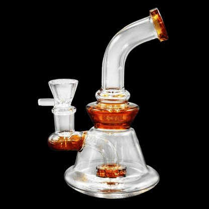 Mini borosilicate glass percolator bong with 14 mm curved mouthpiece and wide, stable base