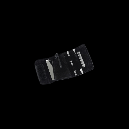 Mini snuff kit in black folding pouch with micro spoon, pusher and cutting card — not for cocaine