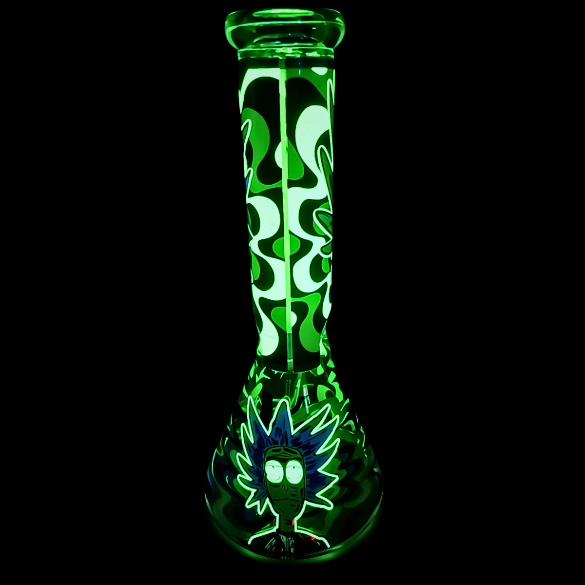 Rear view of Green Portal glow-in-the-dark bong illuminated in darkness