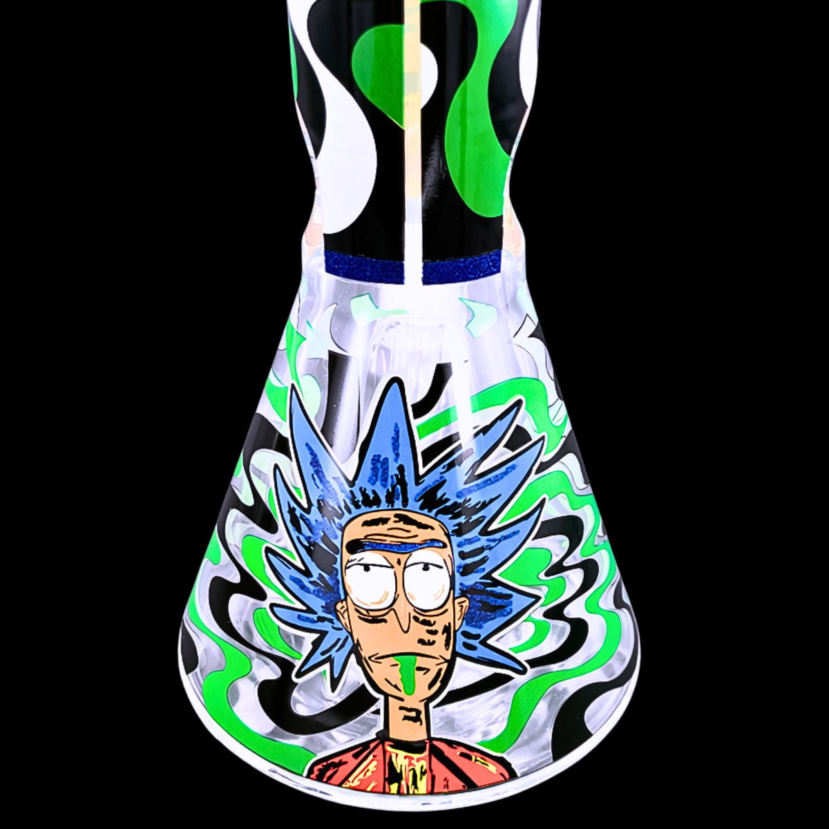 Close-up of green character artwork on the Green Portal glass beaker bong
