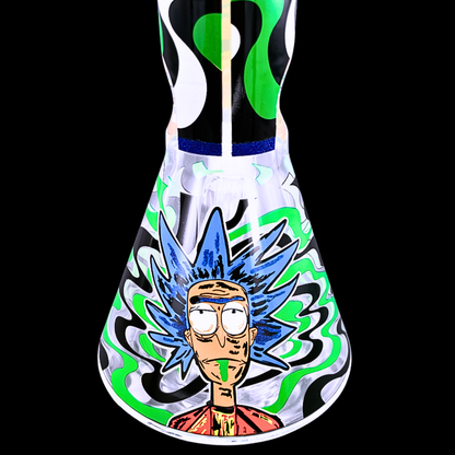 Close-up of green character artwork on the Green Portal glass beaker bong